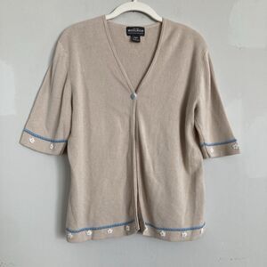 Woolrich Cardigan Beige XL Floral Cottage Twee Short Sleeve Ramie Cotton